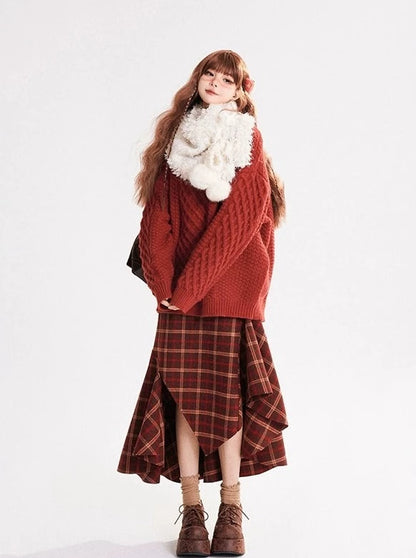 Red Check Skirt Retro Irregular Design A-Line Skirt