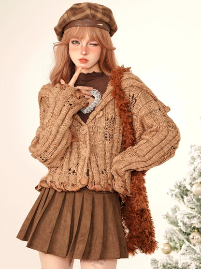 French Khaki Short Girly Knit Cardigan