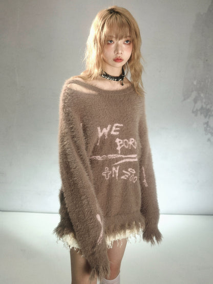 Romantic Punk Graffiti Jacquard Mink Fur Loose Knit