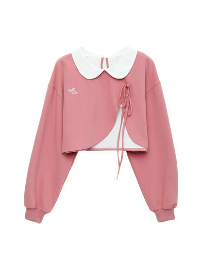 White Color Slit Ribbon Design Short Sweatshirt