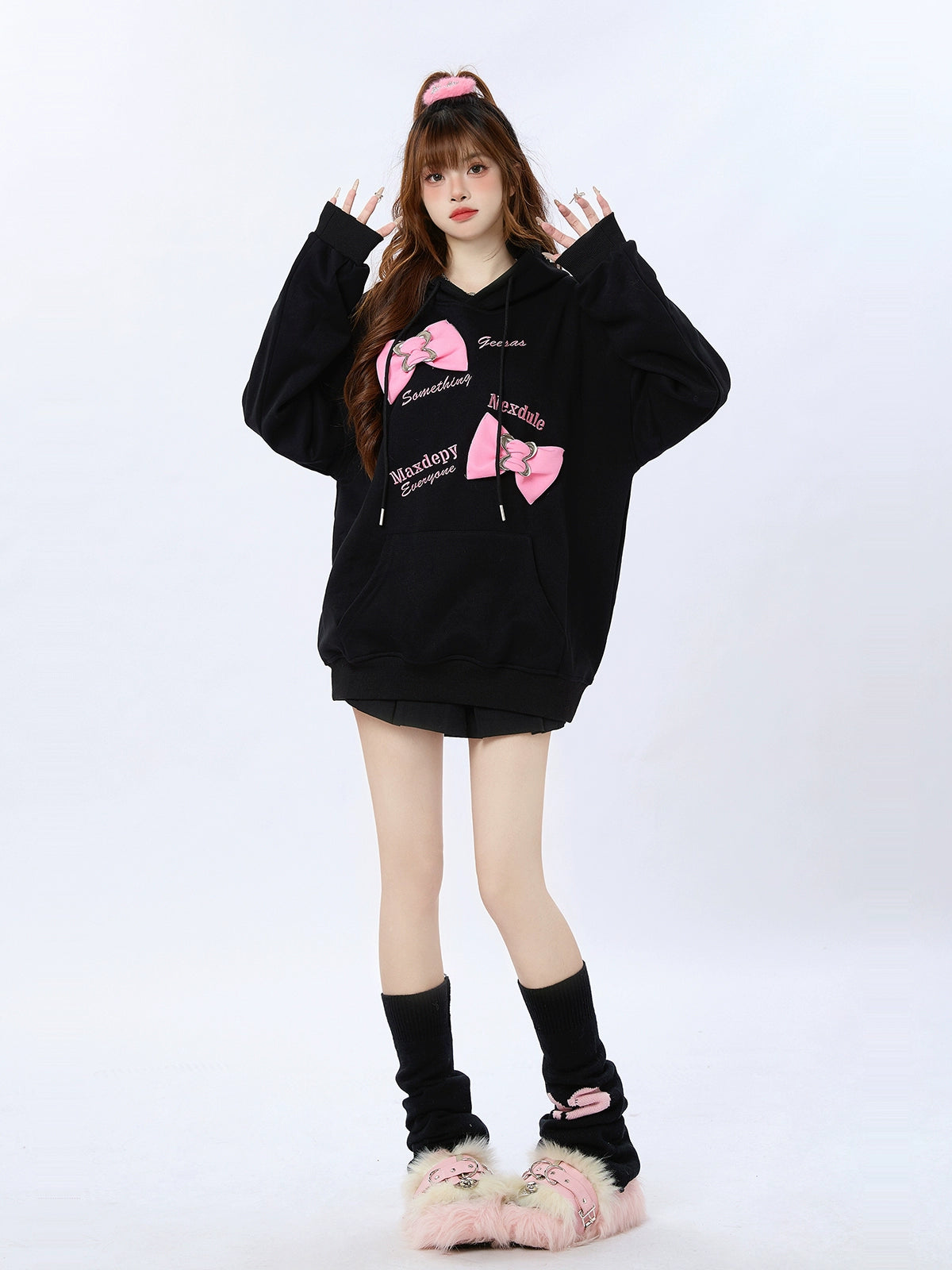 In loose oversized bag ribbon hooded top
