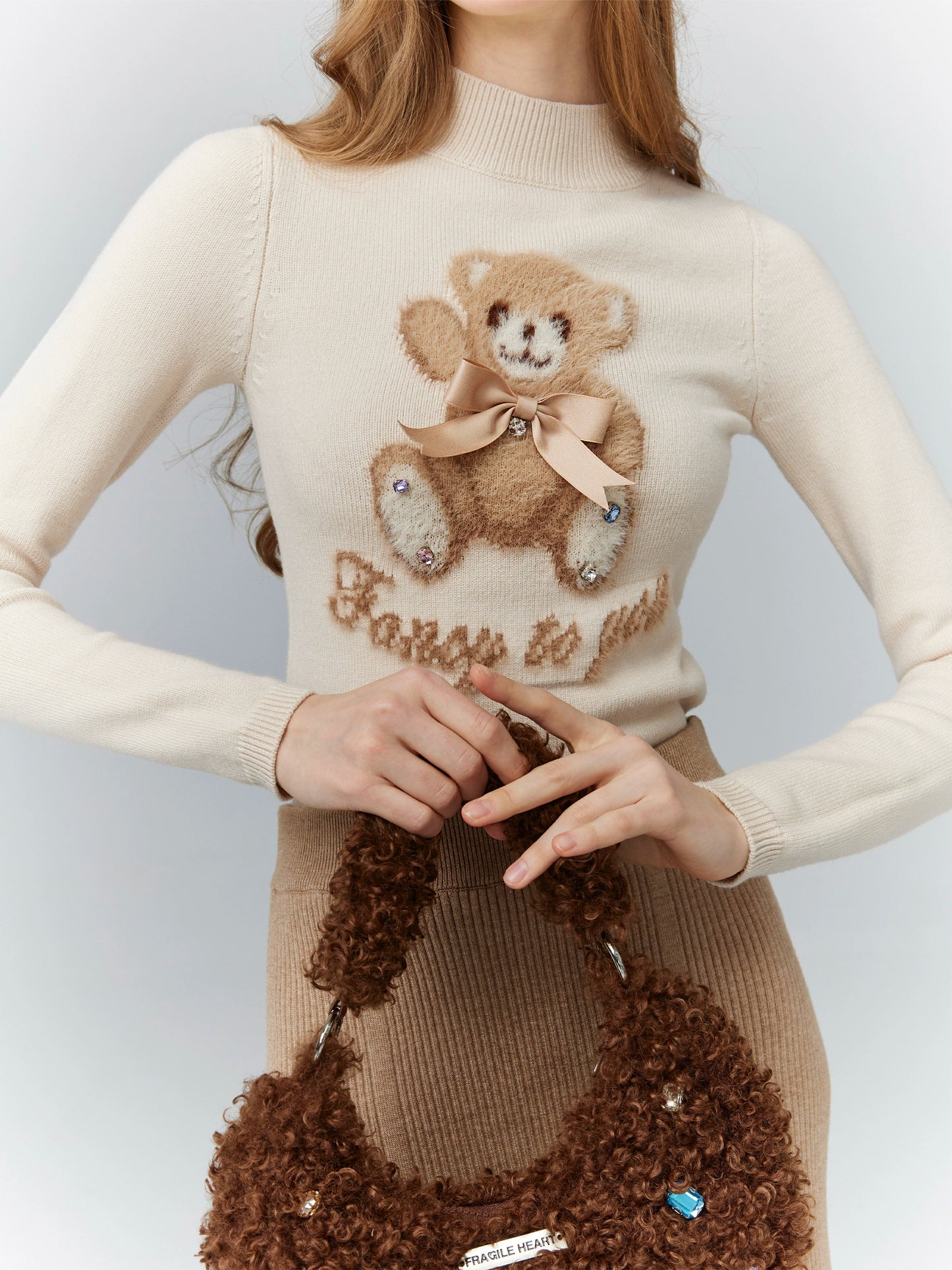 Sweet Bear Tight High Neck Tops + Pleated Skirt