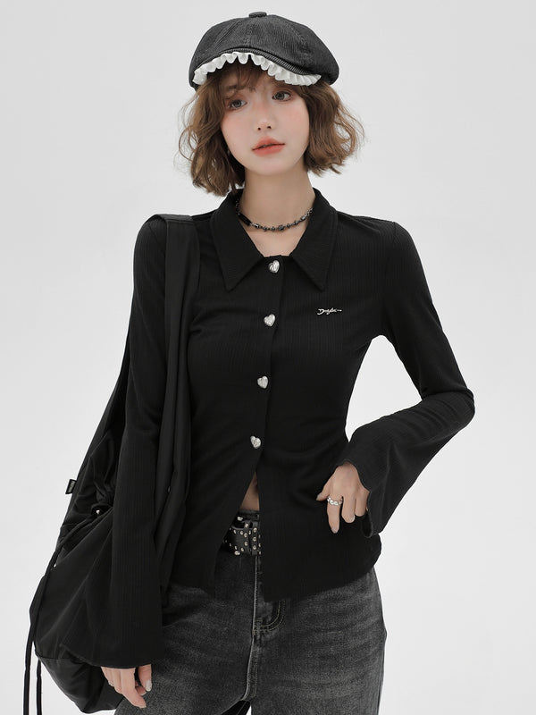 レトロポロカラーベルスリーブスリムニットブラックカーディガン