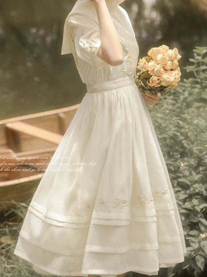 Fairy Embroidery Sailor Collar Dress + Natural Color Rose Tulle Over Skirt + Belt