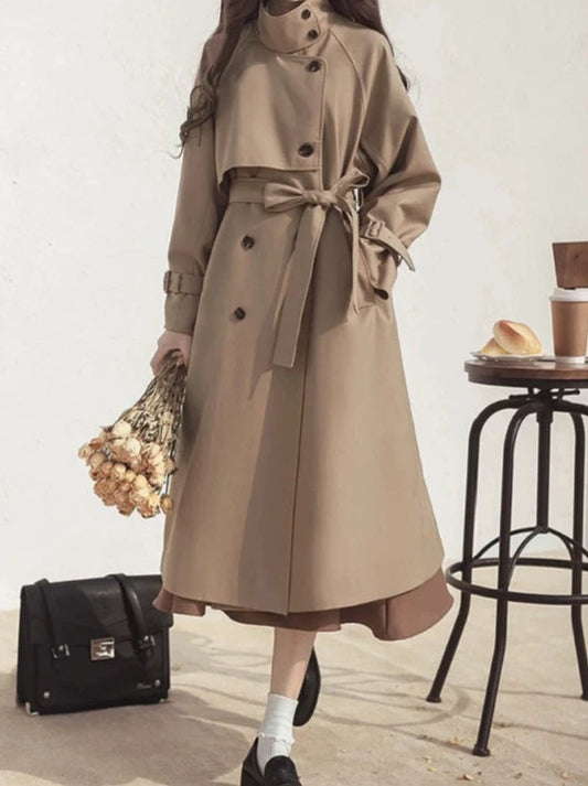 ブリティッシュスタイルエレガントレトロカーキトレンチコート