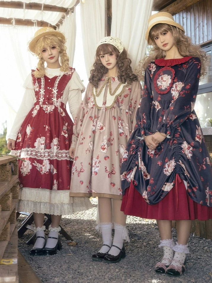 Sheep Berry Rabbit Style Design Velvet Print Ruice Dress