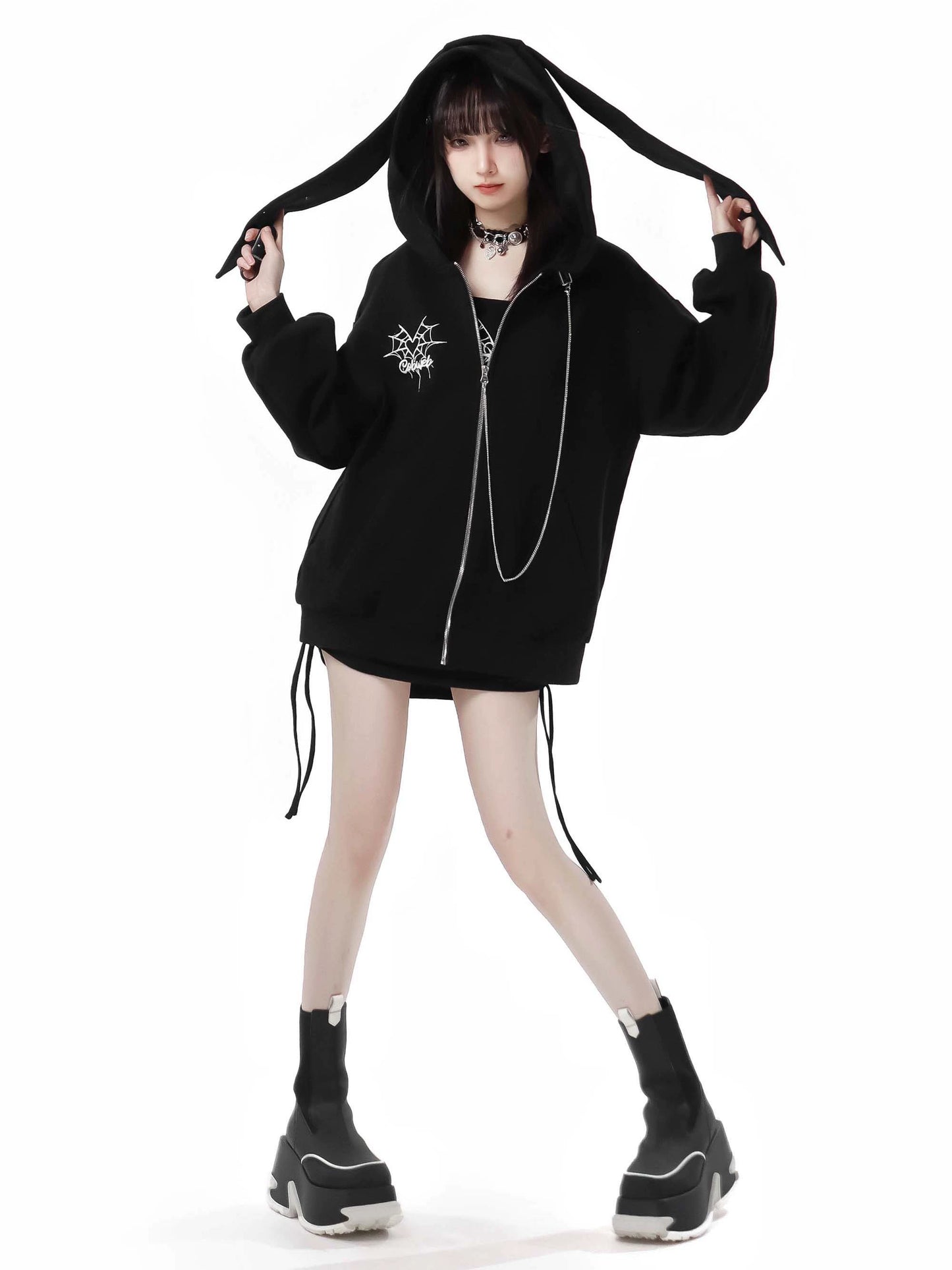 Spider Web Rabbit Ear Chain Strap Hoodie + Slim Suspender Dress