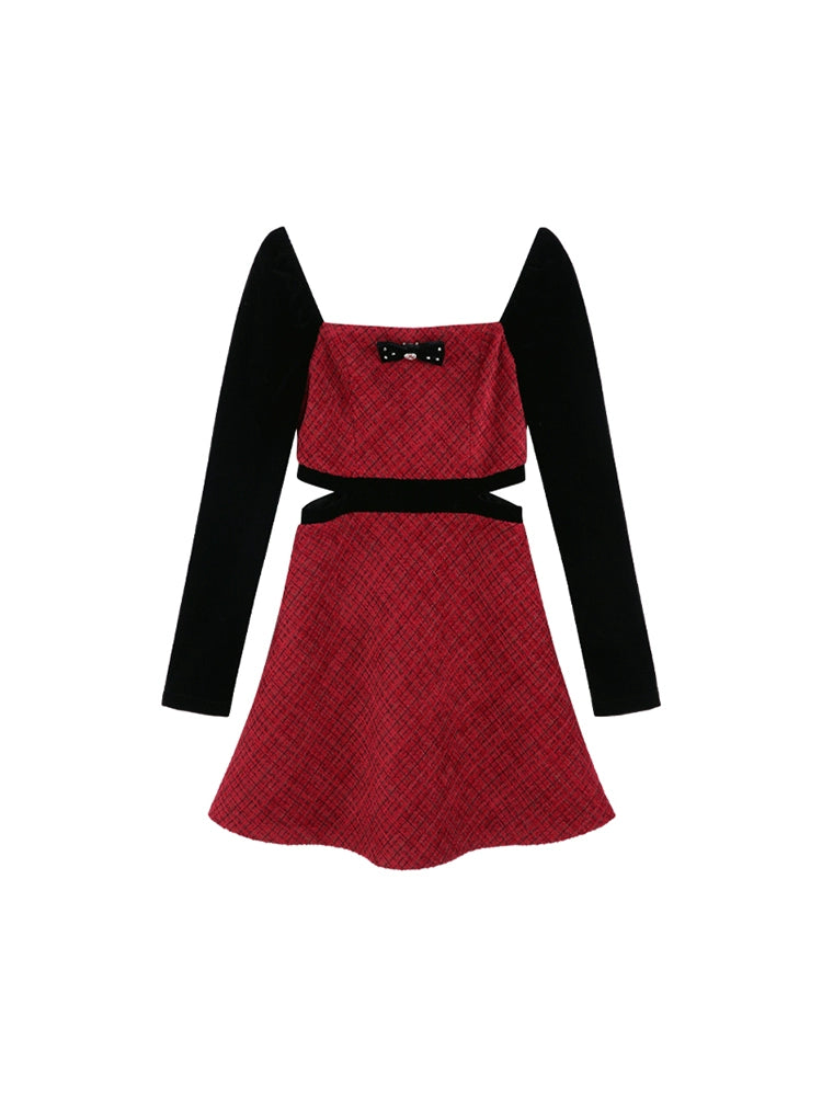 French Red Splicing Square Neck Waist Waist Design Dress