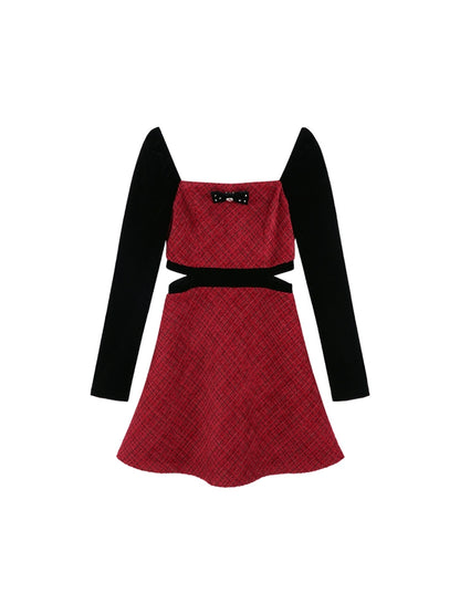 French Red Splicing Square Neck Waist Waist Design Dress