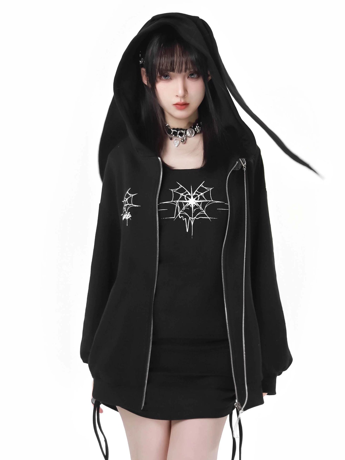 Spider Web Rabbit Ear Chain Strap Hoodie + Slim Suspender Dress