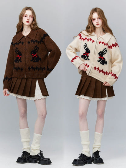 American Retro Preppy Rabbit Treen Cardigan