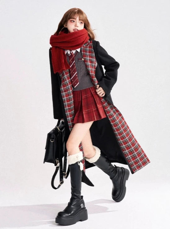 Black Wool Check Tailored Collar Chester Coat