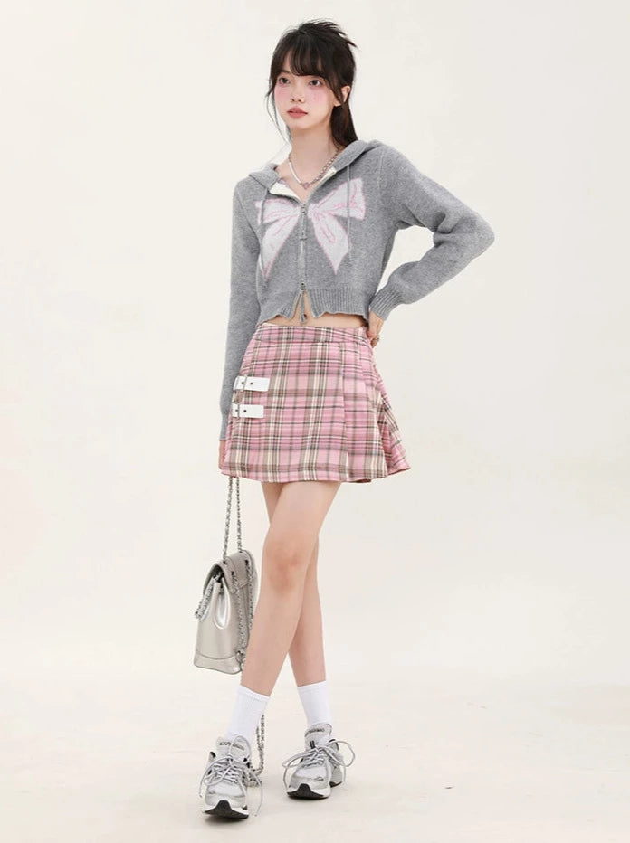 Ribbon Print Hoodie Short Knit Cardigan