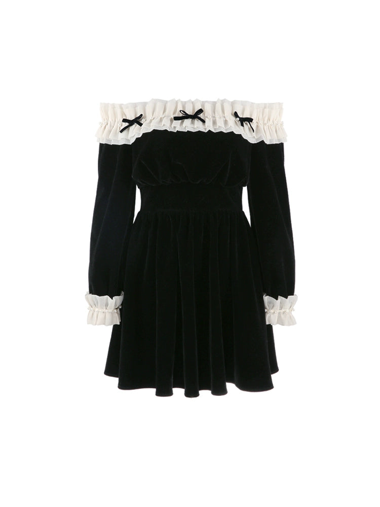 Ruffle Ribbon Off-the-shoulder Velvet Dress