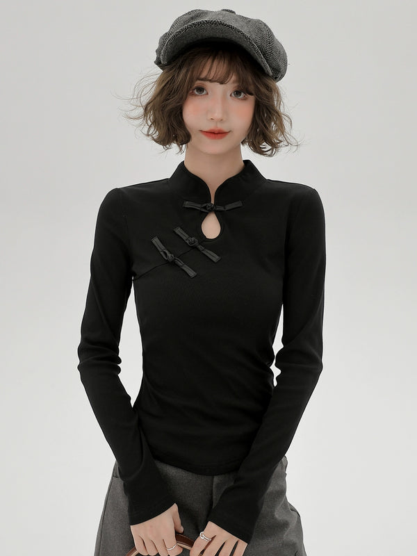 チャイナスタンドカラーブラックロンT