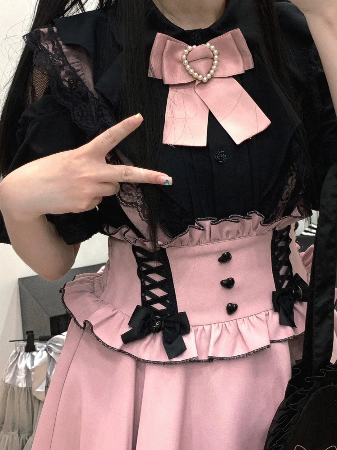 TRALALA ピンク×黒レースリボンホルターカットソー 希少 平成
