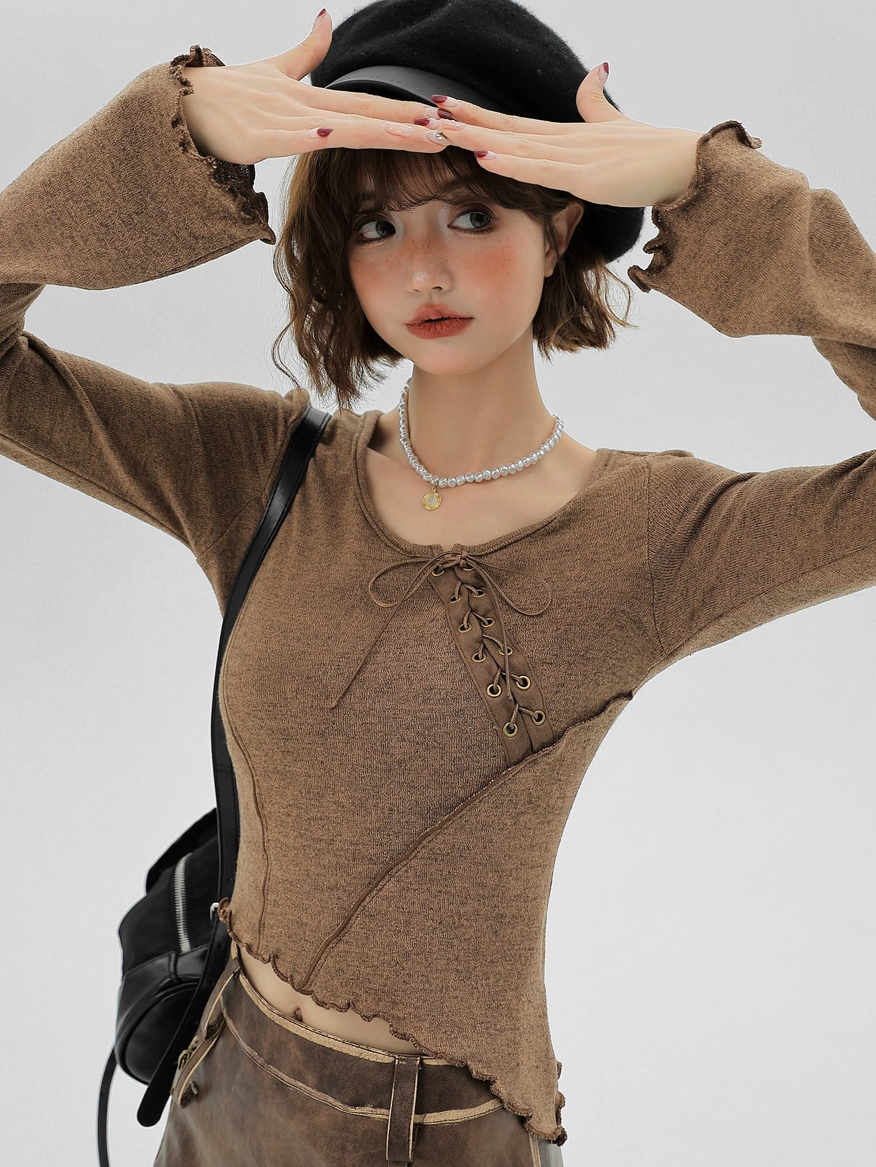 Lace-up Ruffle Small Flared Sleeve Long T