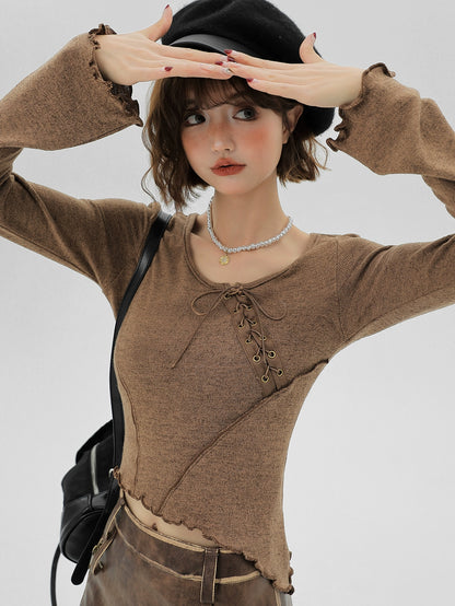 Lace-up Ruffle Small Flared Sleeve Long T