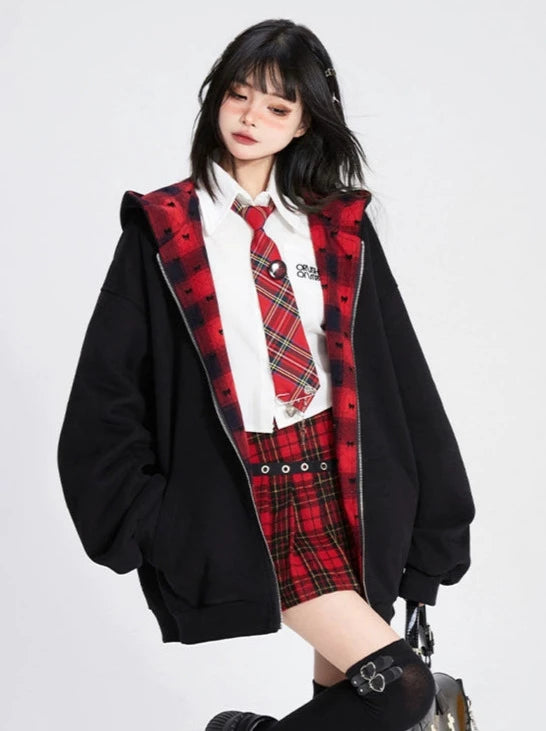 American Retro Check Loose Black Zip Hoodie