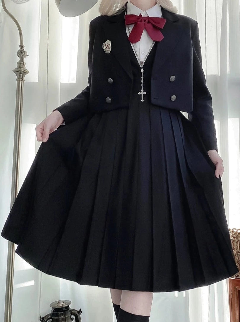 Black Princess College Style Short Jacket + White Shirt + V-Neck Pleated Dress [Reserved Item