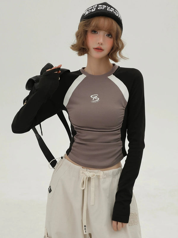 アメリカンホットガールコントラストカラーショートスリムロンT