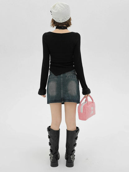 Fur Sleeve Mode Slim Long T + Neck Collar