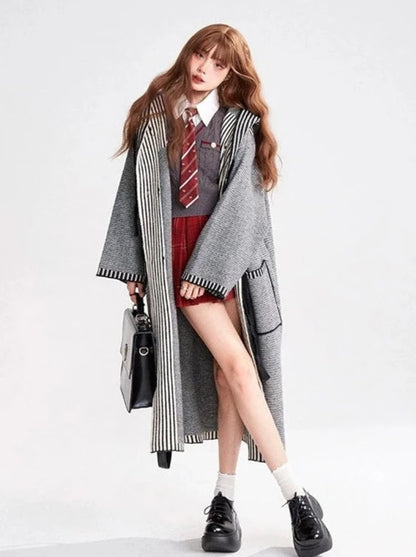 College Style Gray Retro Hooded Knit Long Cardigan