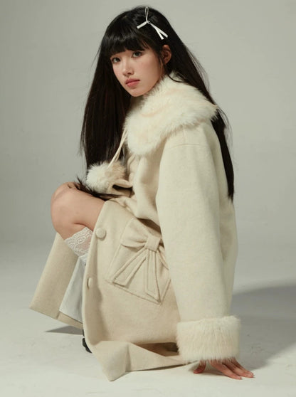 Double Ribbon Fur Ball Collar Coat