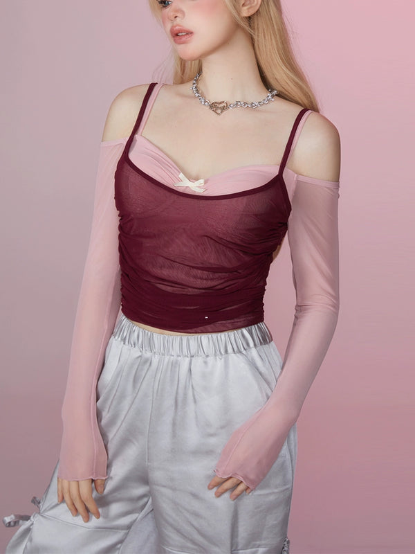 オフショルダーカラーブロックシアーメッシュフェイクツーピースクロップトップTシャツ