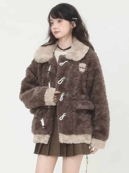 Horn Button Fluffy Fur Boa Coat