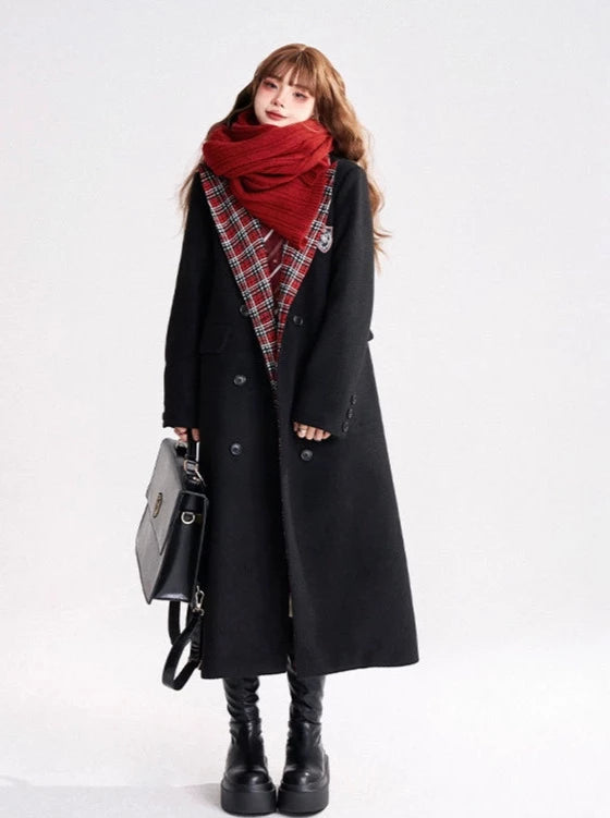 Black Wool Check Tailored Collar Chester Coat