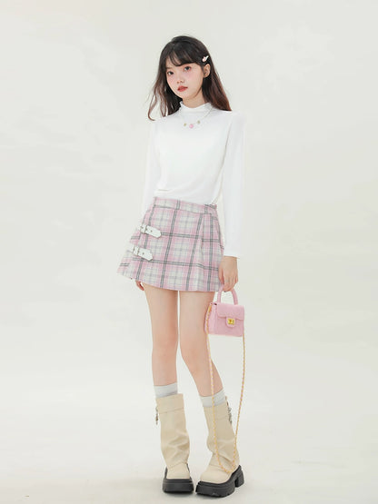 College Style Check Leather Buckle Design A-Line Skirt