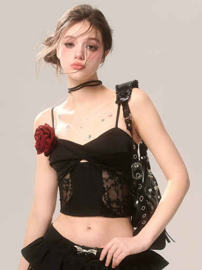 Rose Black French Lace Suspender Short Top [Reserved Item