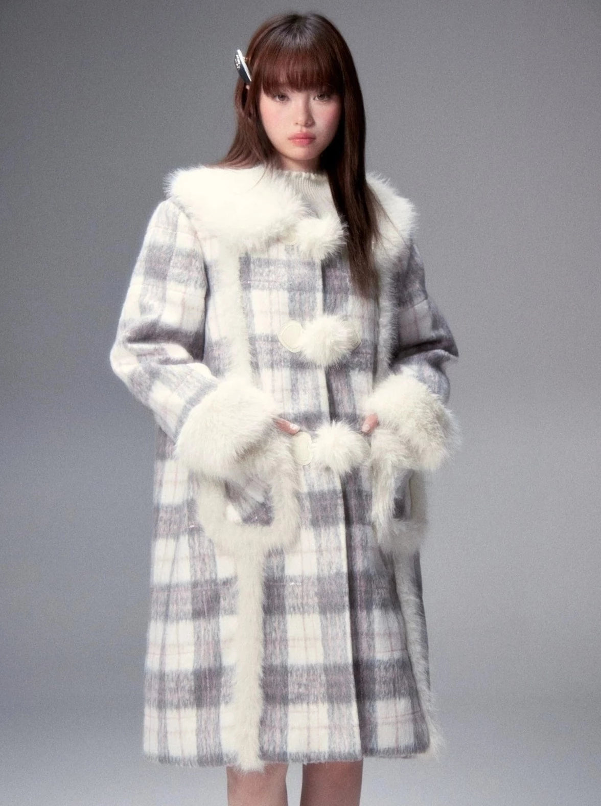 College Check Fur Ball Middle Coat