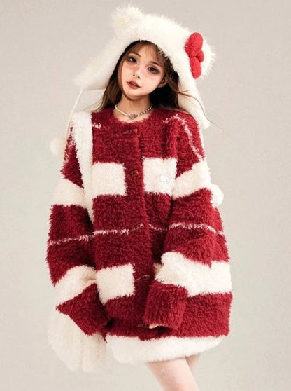 Contrast Color Striped Fur Knit Hornbuckle Cardigan