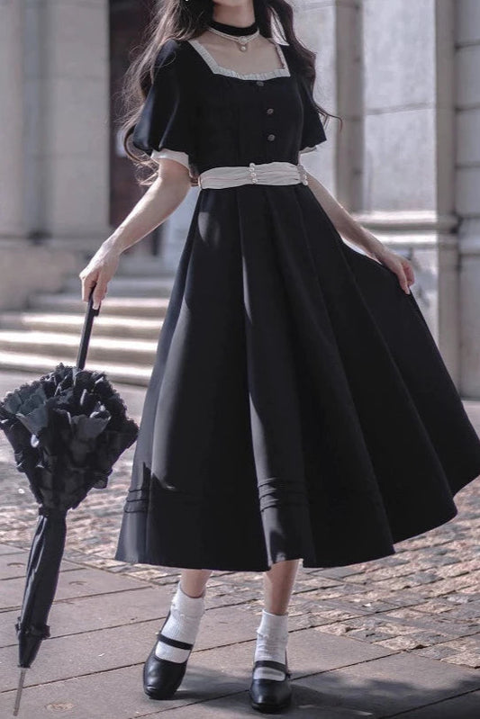 ブラックスクエアカラーフレンチレトロワンピース＋ウエストリボン＋ブラックリボンカチューシャ＋パールネックレス【予約商品】