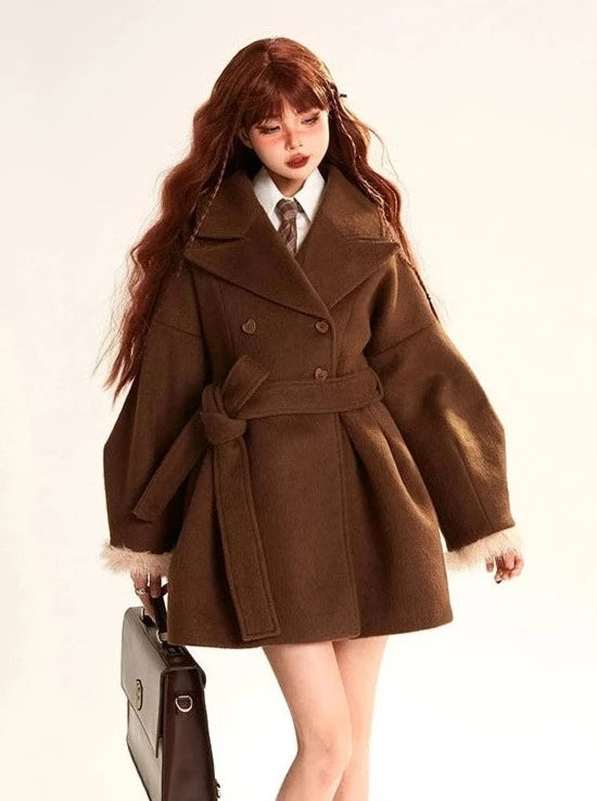 Fur Sleeve New Style Stitch Brown Wool Coat