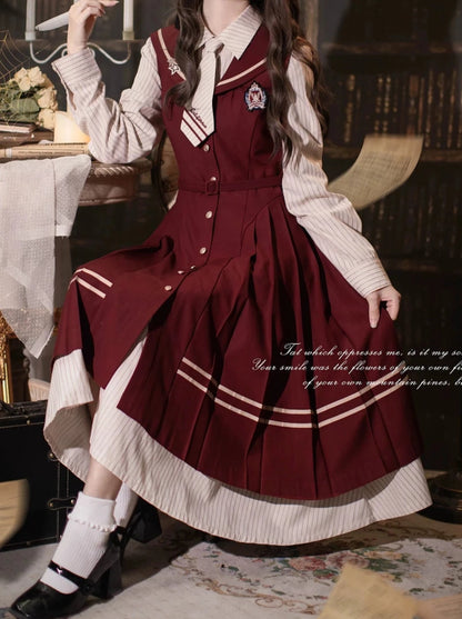 Magic Academy Retro Suit Navy Color Pleated Dress + Striped Shirt Dress + Tie + Badge