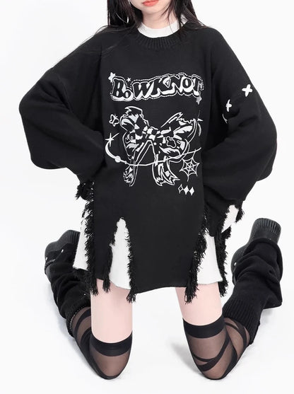 Cat Wish Original [Unyielding Girl's Heart] Sweater Fake Two Tassels Loose Subculture Female Y2K Destruction Cool