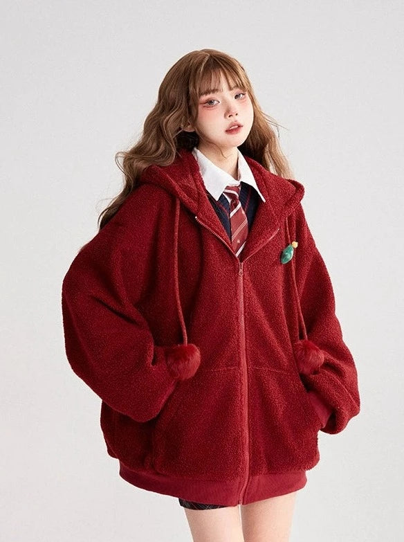 Red Hoodie Zip Bore Sweat Jacket