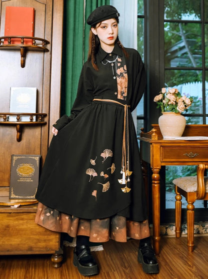 China Leaf Print Collection Design Retro Classic Elegant Shirt + Skirt