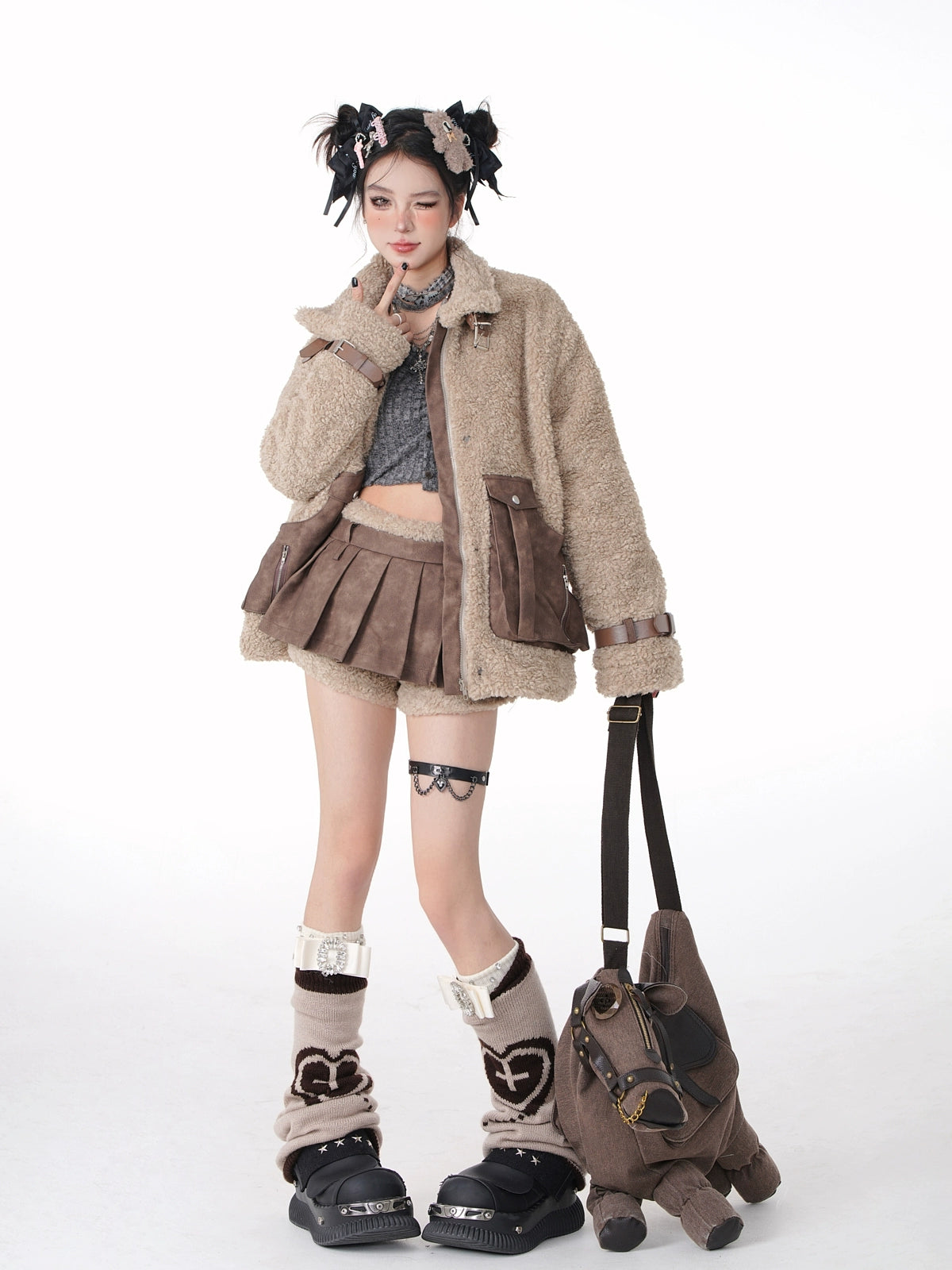 Brown Leather Belt Stand Collar Boa Jacket + Splicing Short Pleated Skirt