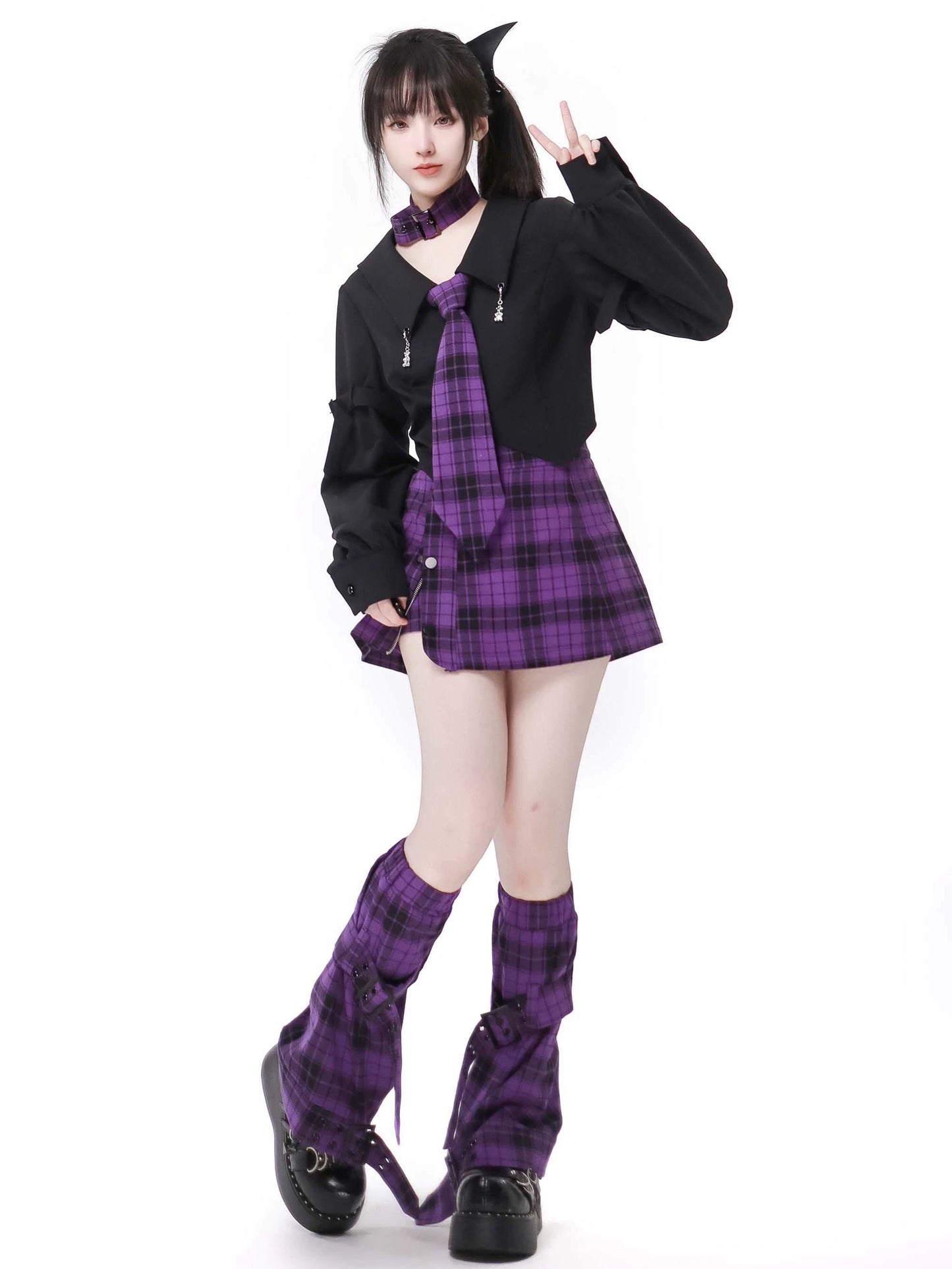 College Style Foodie Suit Jacket + Shirt + Checked Skirt + Leg Warmers