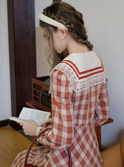 Retro French Check Sailor Collar Dress