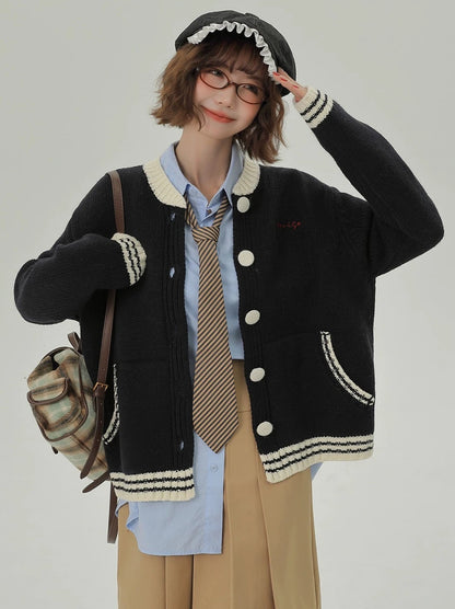 College Style Lazy Loose Stand Collar Knit Cardigan