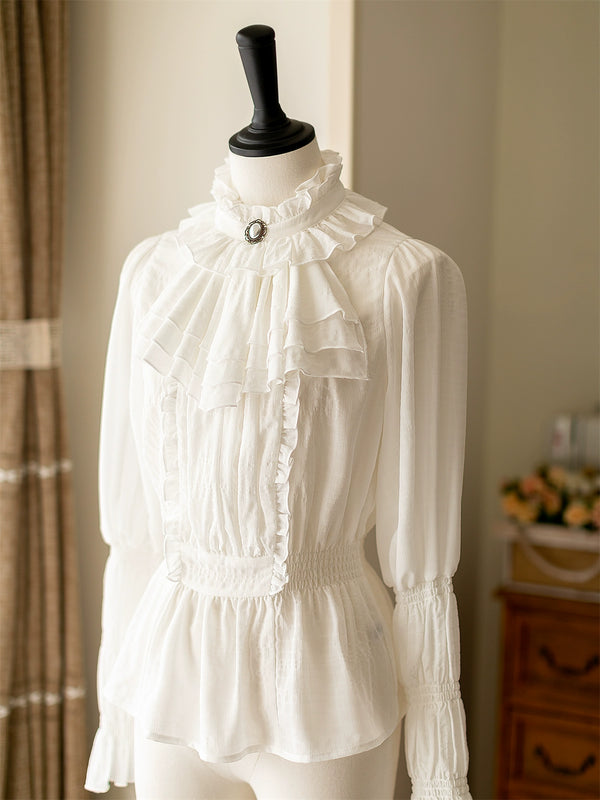 Classical retro blouse + colored vest + flared long skirt