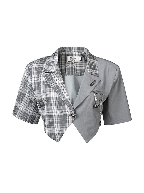 Asymmetrical Check Short Summer Jacket + Asymmetrical Design Check Skirt
