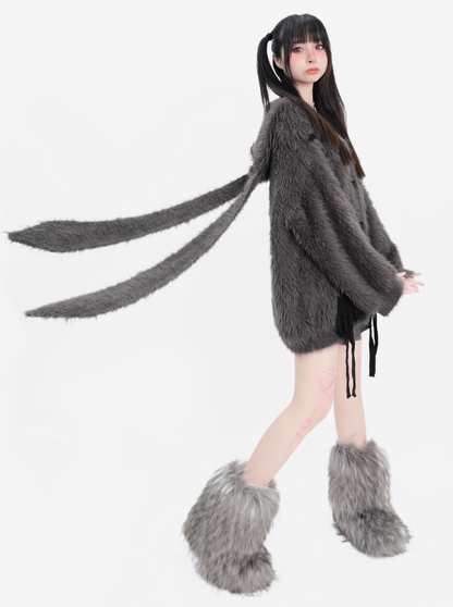 Rabbit Hooded Shaggy Lace-up Knit Cardigan