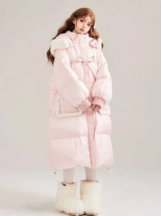 Boa Hoodie Sweet Ribbon Drawstring Long Down Coat