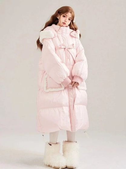 Boa Hoodie Sweet Ribbon Drawstring Long Down Coat